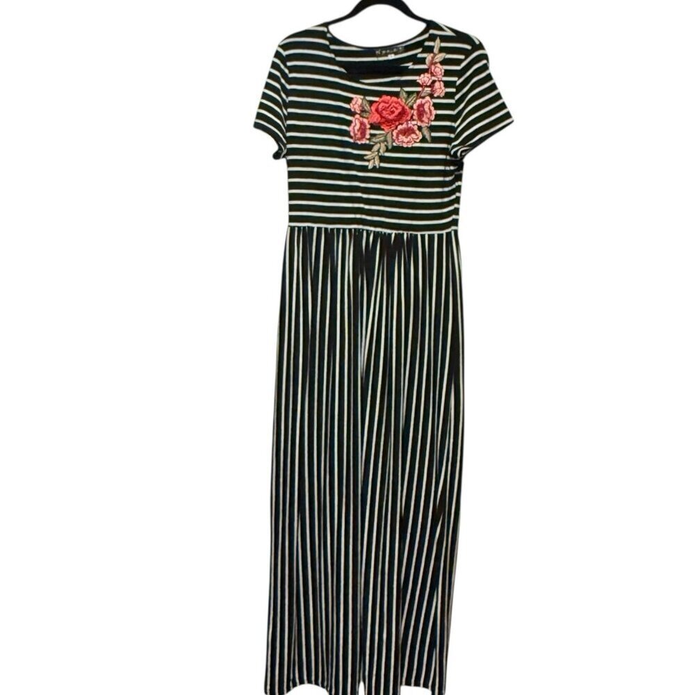 Yi Heng Mei Size Large Embroidered Floral Black White Stripe Long Maxi Dress - Picture 2 of 10